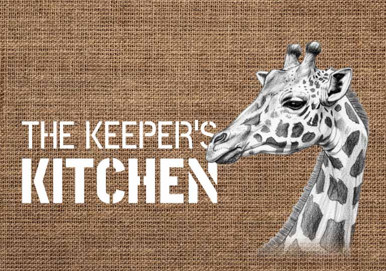 The Keeper's Kitchen logo and an illustration of a giraffe on a hessian background